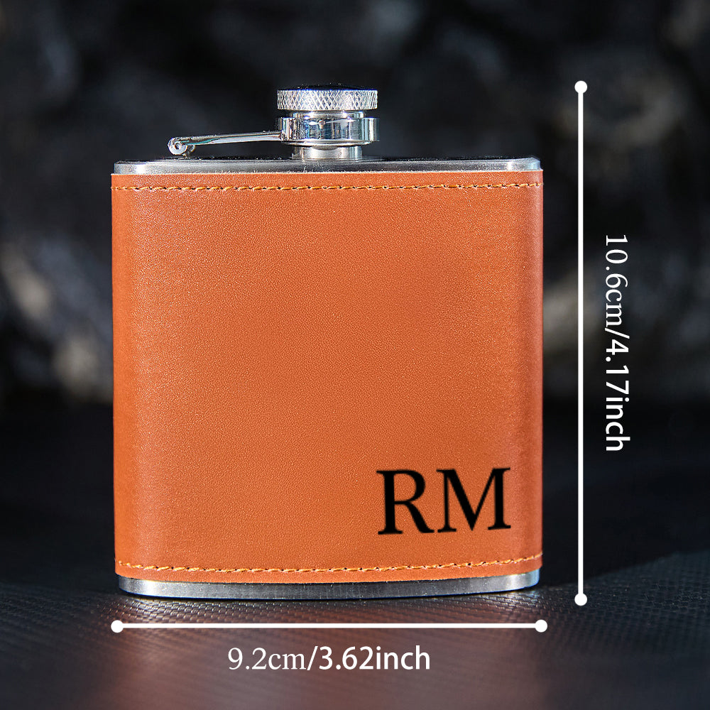 Personalized Leather Wrapped Whiskey Flask - 6oz Custom Engraved Gift