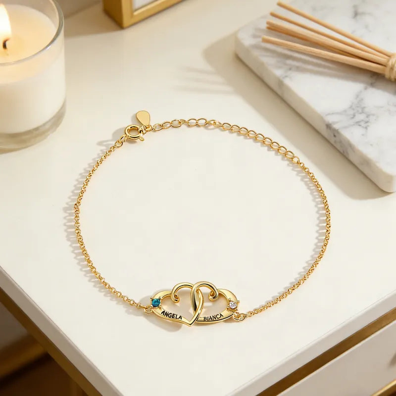 Personalized Double Heart Name Bracelet - Birthstone Engraved Gift