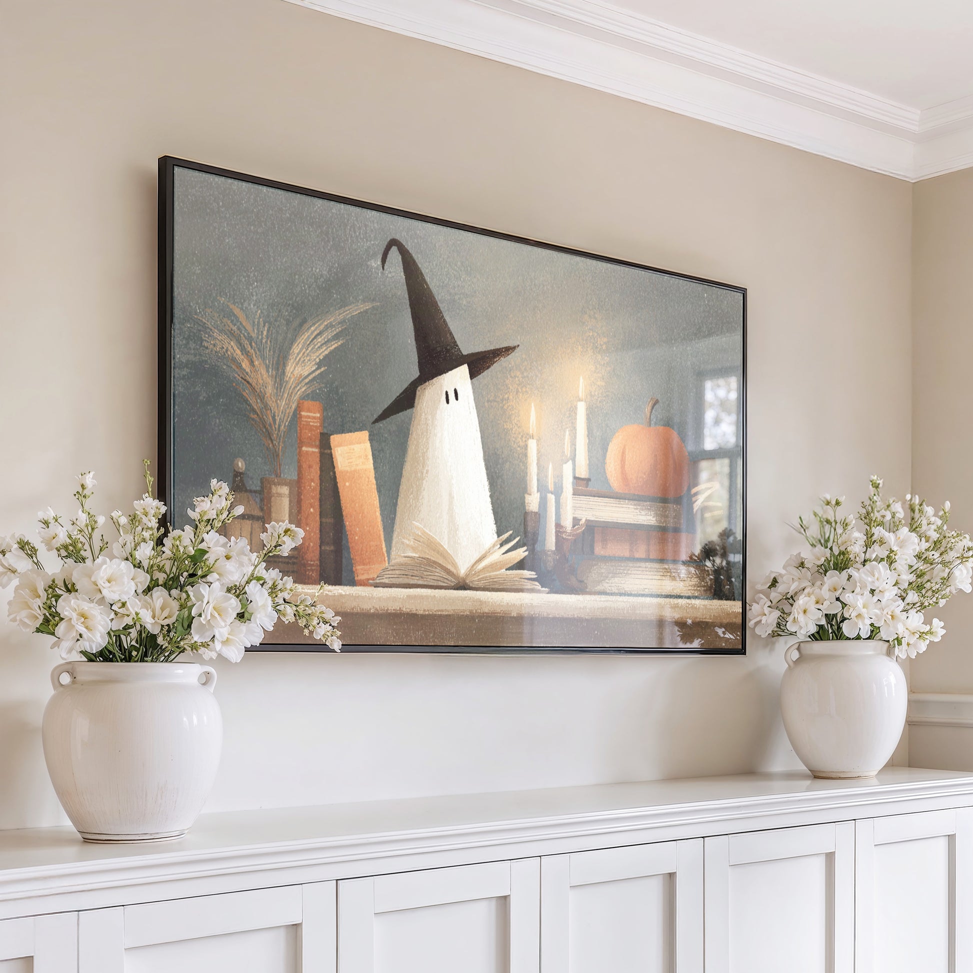 Rustic Autumn Witch Canvas Art Print, Halloween Decor, Farmhouse Style Wall Hanging, Pumpkin and Candle Motif
