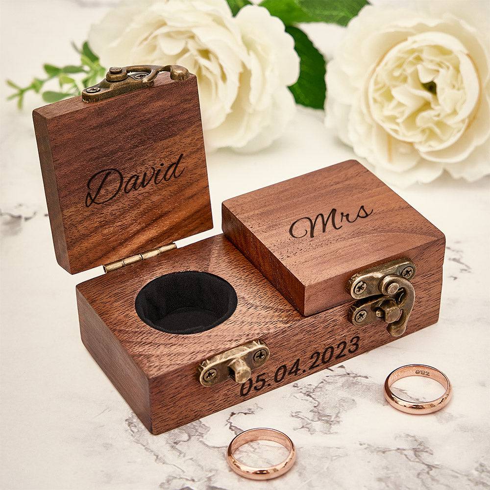 Personalized wooden ring box from MadeMine, custom double ring bearer box with engraved details and a smooth finish.