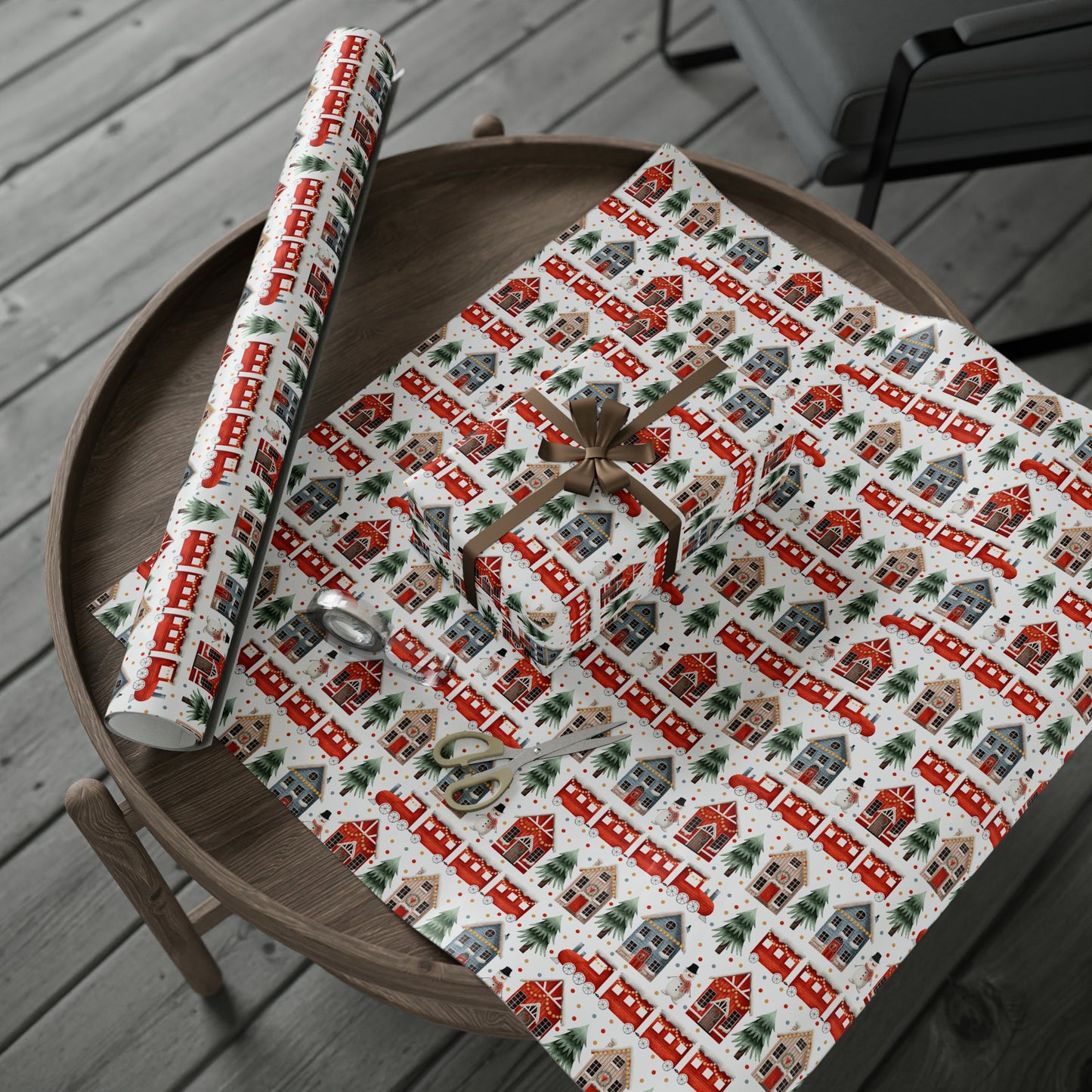 Christmas Trains and Houses Gift Wrap Paper