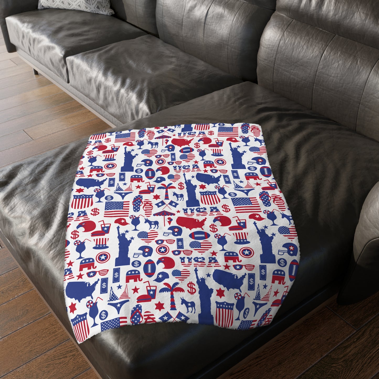 All American Red and Blue Velveteen Minky Blanket (Two-sided print)