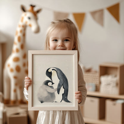 Adorable Penguin and Baby Art Print for Kids Room product