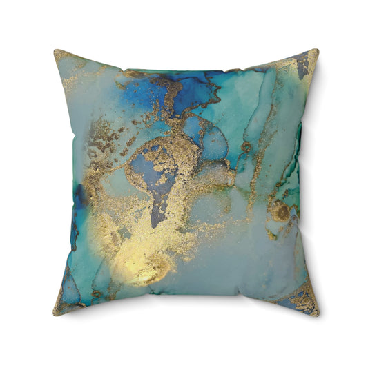 Gold and Blue Marble Spun Polyester Square Pillow with Insert