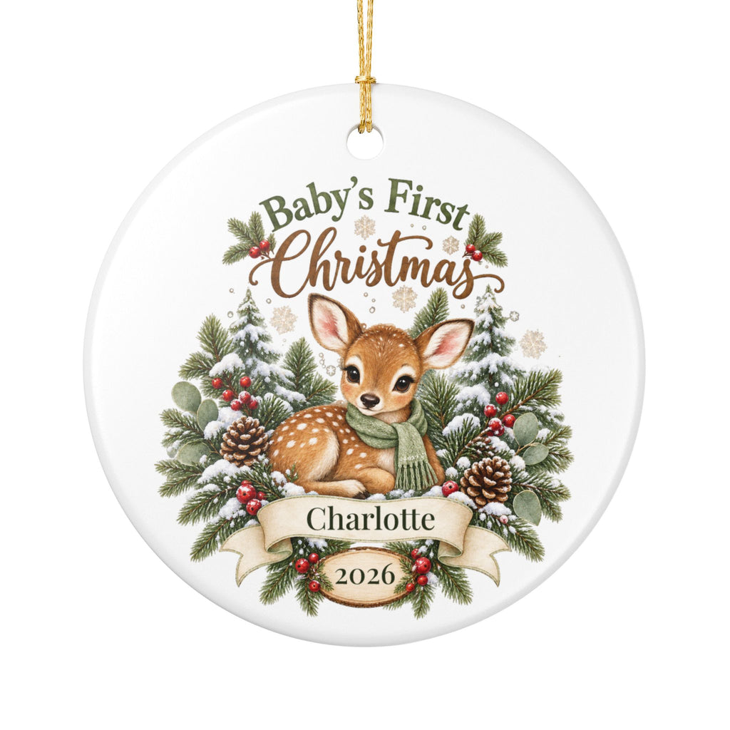 Personalized Baby's First Christmas Ornament - Woodland Fawn Ceramic Keepsake