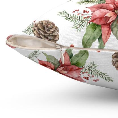 Poinsettia and Pine Cones Spun Polyester Square Pillow