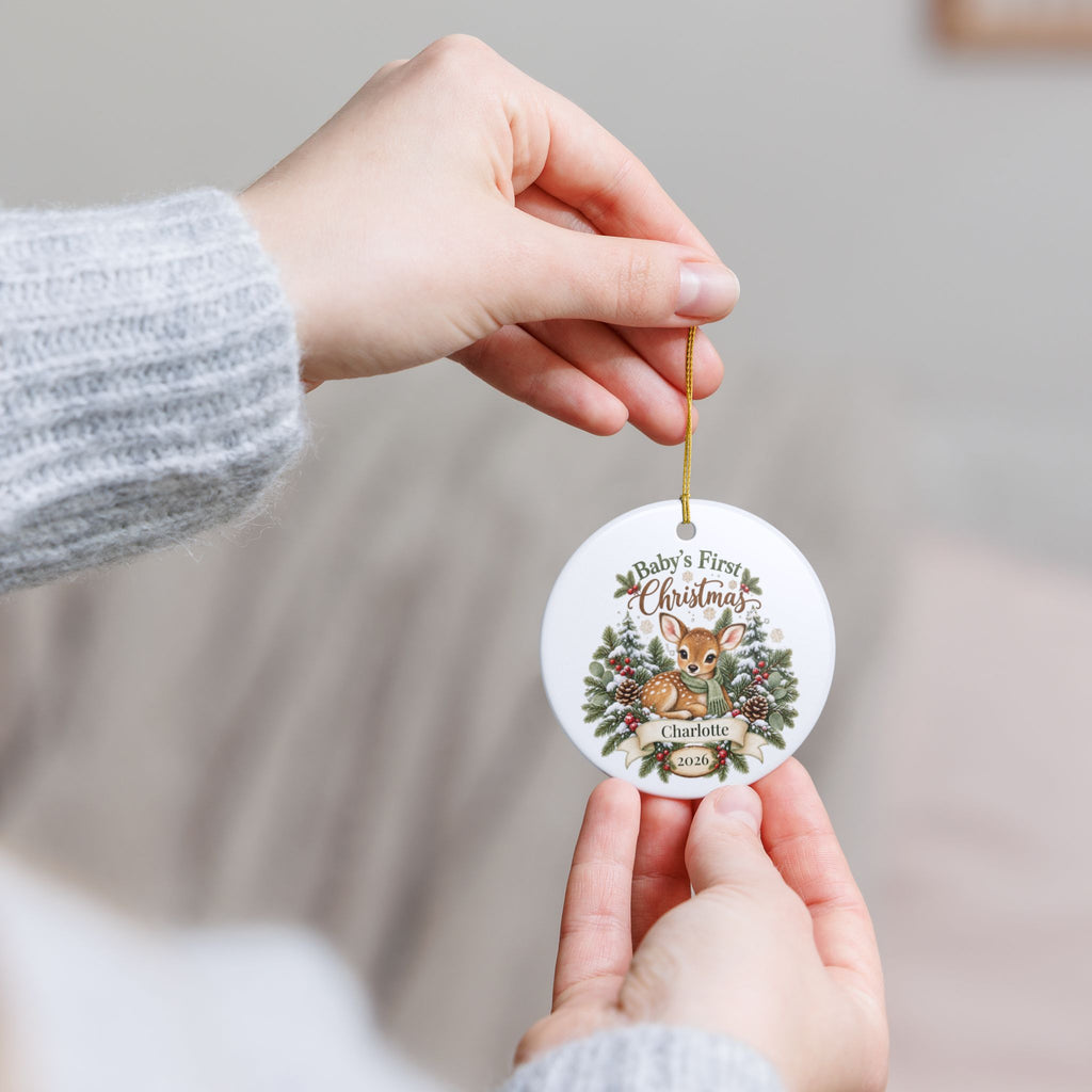 Personalized Baby's First Christmas Ornament - Woodland Fawn Ceramic Keepsake