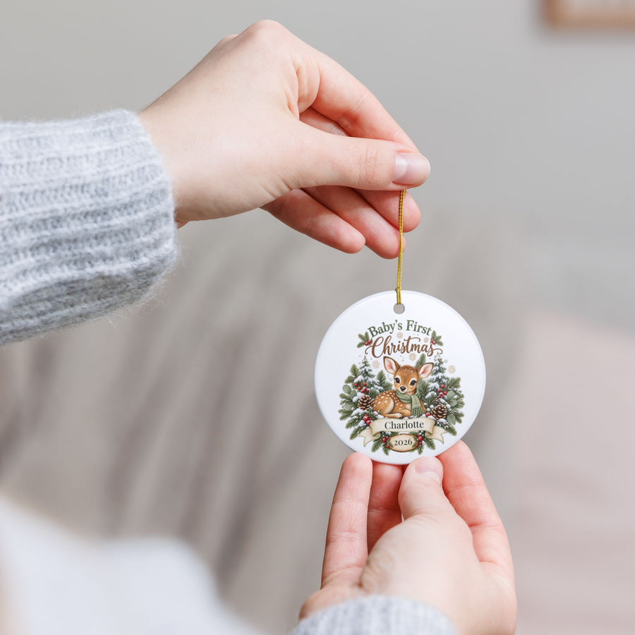 Personalized Baby's First Christmas Ornament - Woodland Fawn Ceramic Keepsake