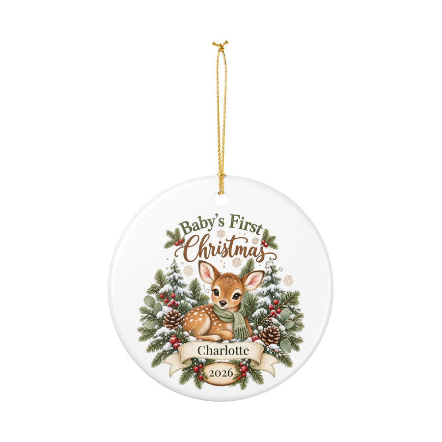 Personalized Baby's First Christmas Ornament - Woodland Fawn Ceramic Keepsake
