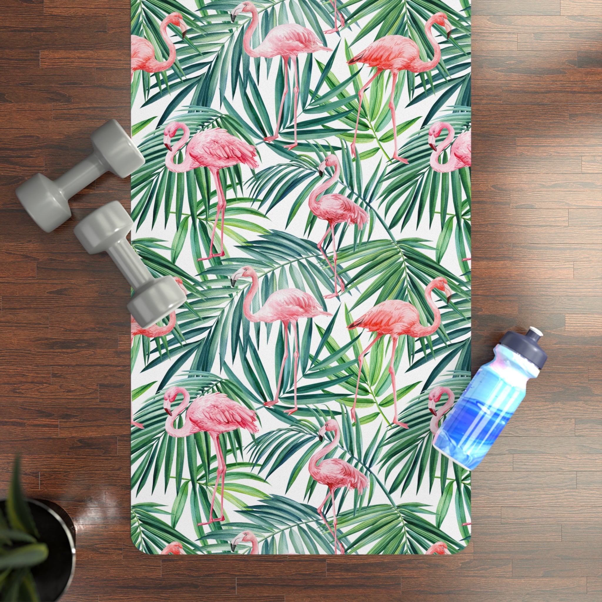 Pink Flamingos and Palm Leaves Rubber Yoga Mat