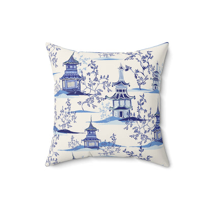 Chinoiserie Vintage Chinese Pagodas Spun Polyester Square Pillow