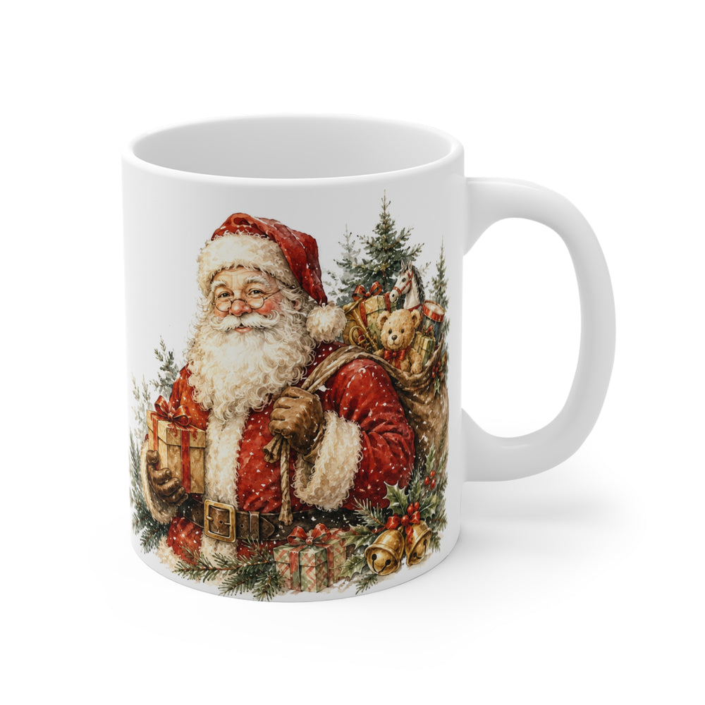 Vintage-Inspired Watercolor Santa Mug, 11oz White Ceramic Christmas Cup