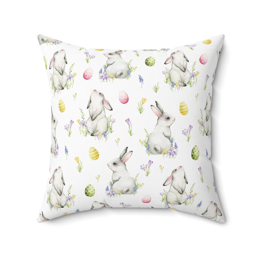 Cottontail Bunnies and Eggs Spun Polyester Square Pillow