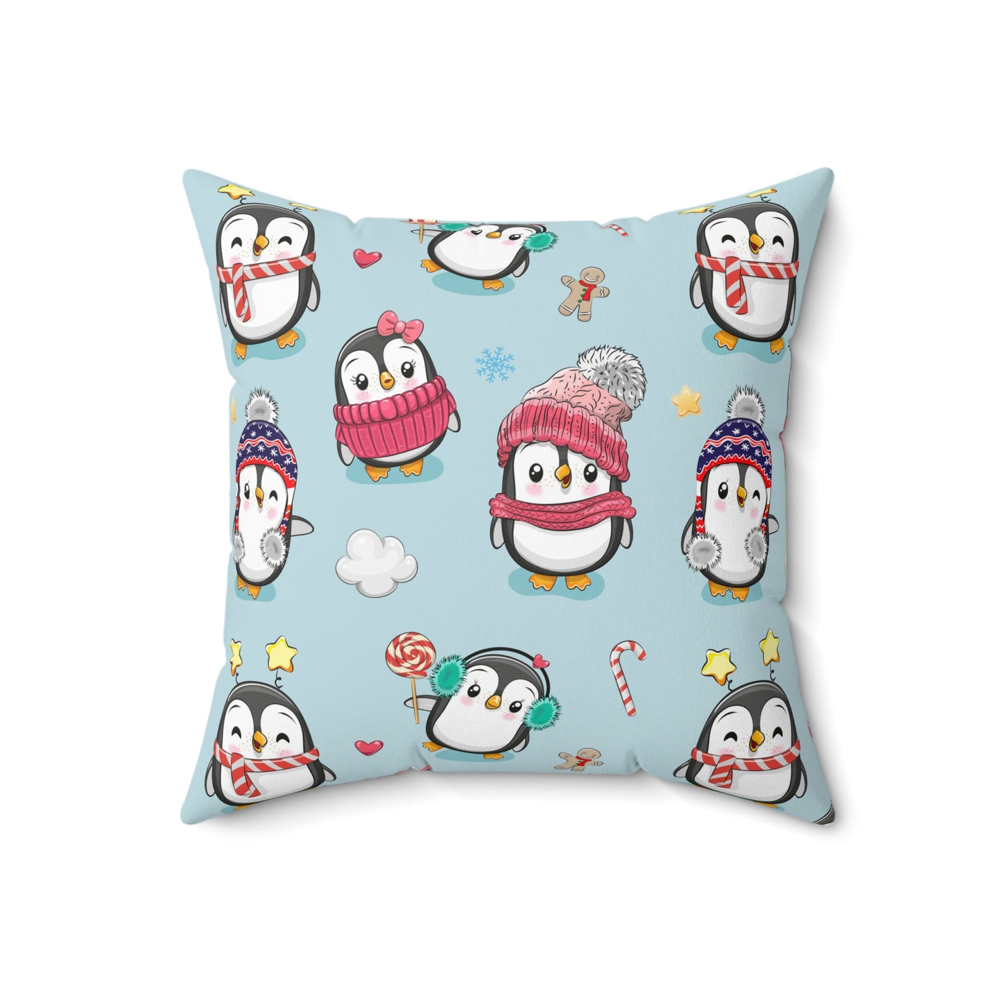 Penguins in Winter Clothes Spun Polyester Square Pillow