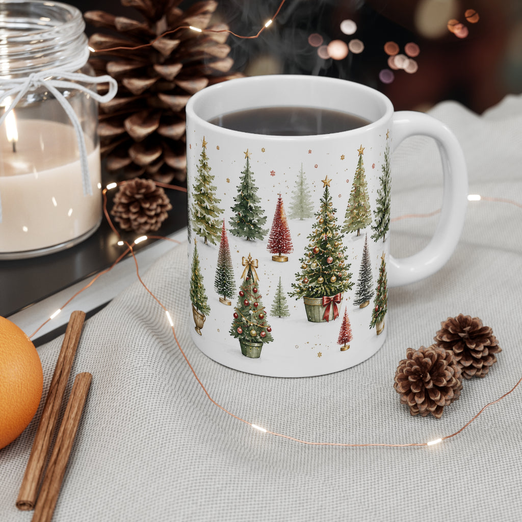 Watercolor Christmas Tree Mug, 11oz White Ceramic