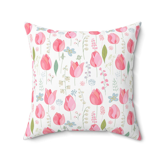Spring Pink Tulips Spun Polyester Square Pillow with Insert