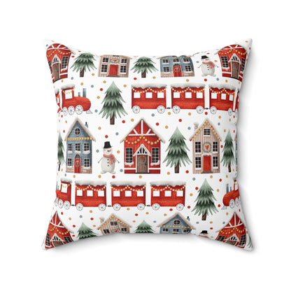 Christmas Trains and Houses Spun Polyester Square Pillow