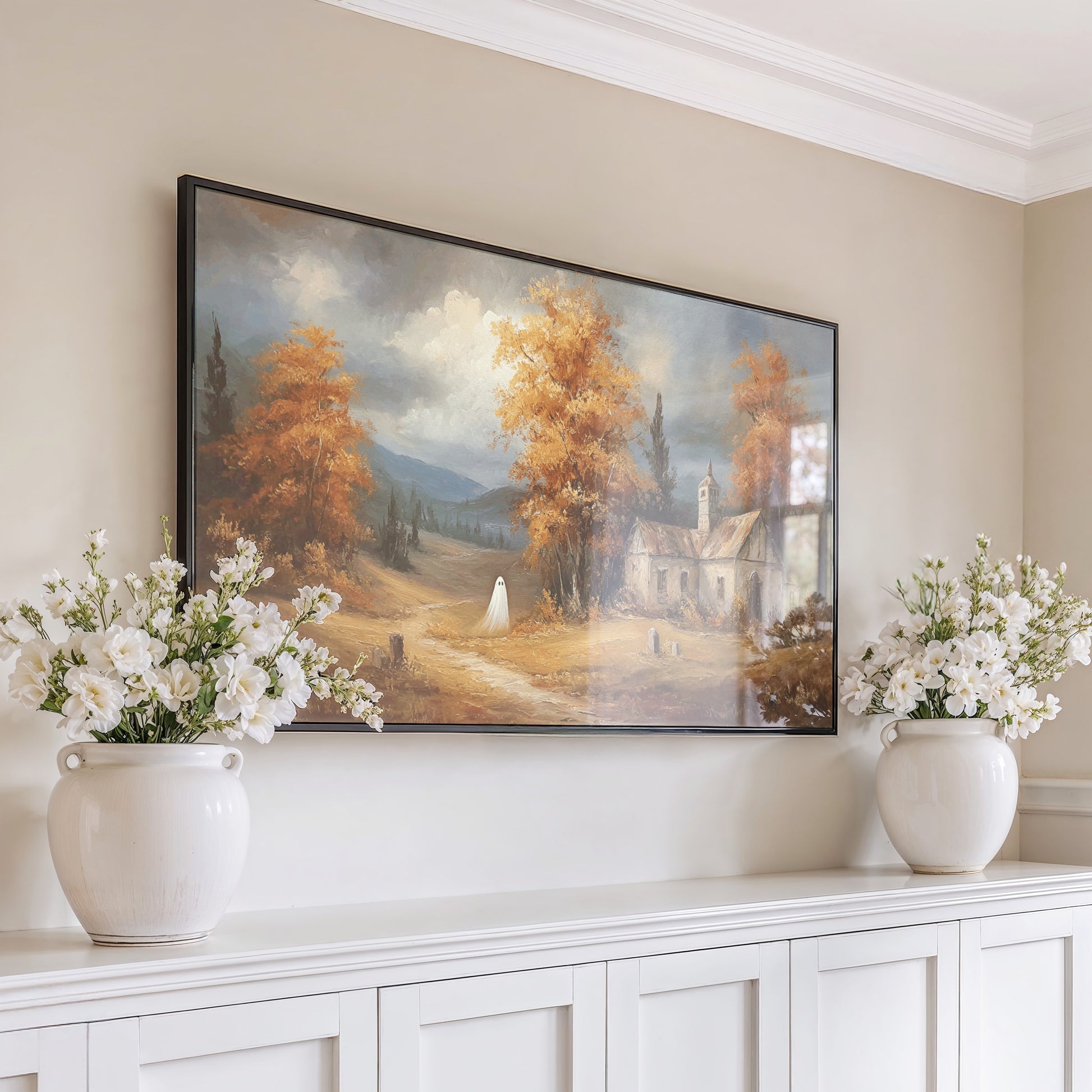Autumn Landscape Canvas Art, Vintage Oil Painting Reproduction, Large Wall Decor, Rustic Home Interior Design, Scenic Fall Trees Artwork