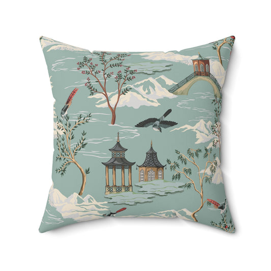 Chinoiserie Chinese Pagoda Spun Polyester Square Pillow with Insert