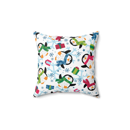 Penguins and Snowflakes Spun Polyester Square Pillow