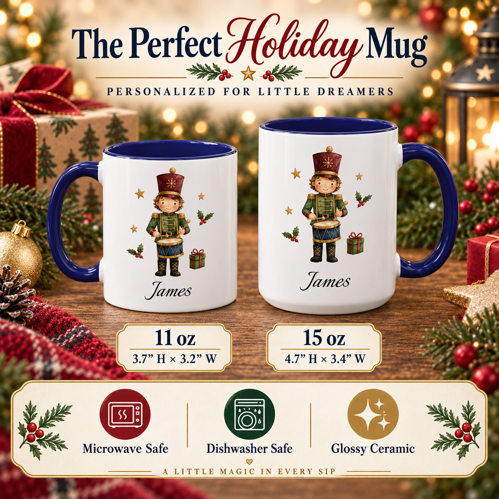 Two personalized ceramic holiday mugs shown on a festive Christmas background. The left mug is 11 oz and the right mug is 15 oz, both white with dark blue interiors and handles, featuring a nutcracker illustration and the name James.