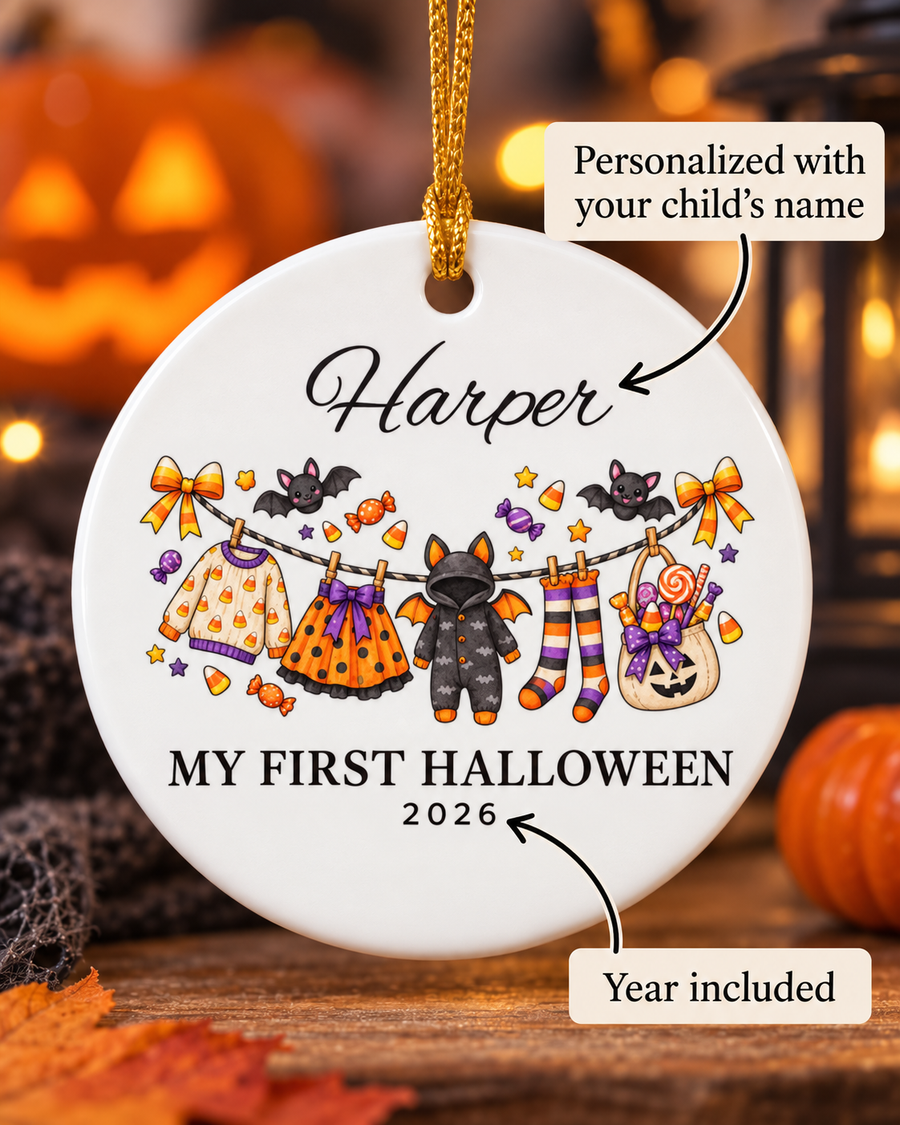My First Halloween 2026 Baby Clothes Line Ceramic Ornament | Personalized Name