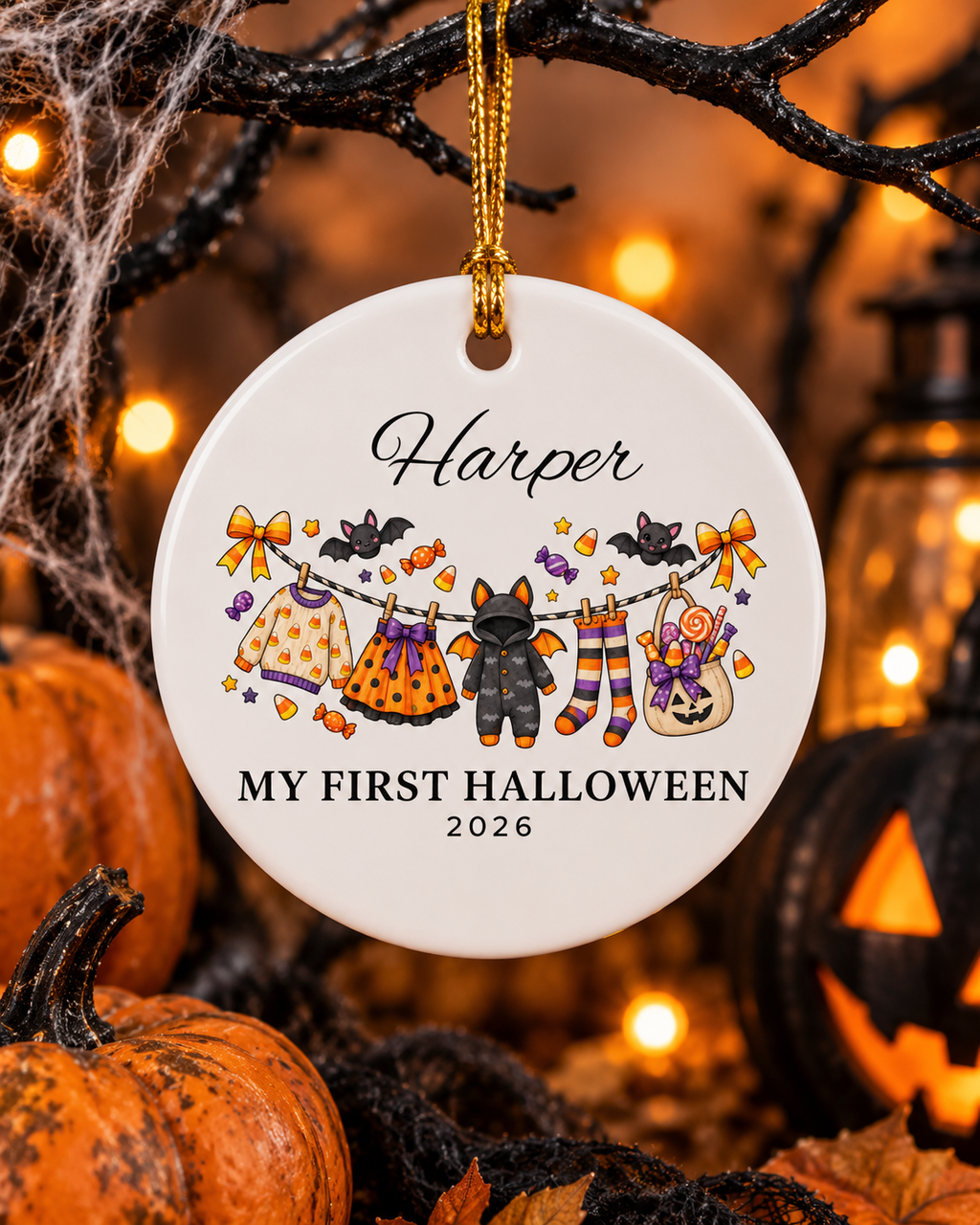 My First Halloween 2026 Baby Clothes Line Ceramic Ornament | Personalized Name