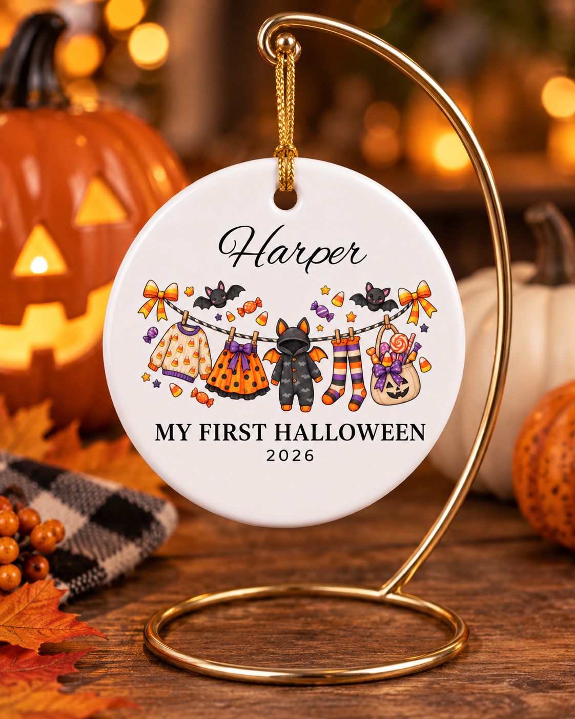 My First Halloween 2026 Baby Clothes Line Ceramic Ornament | Personalized Name