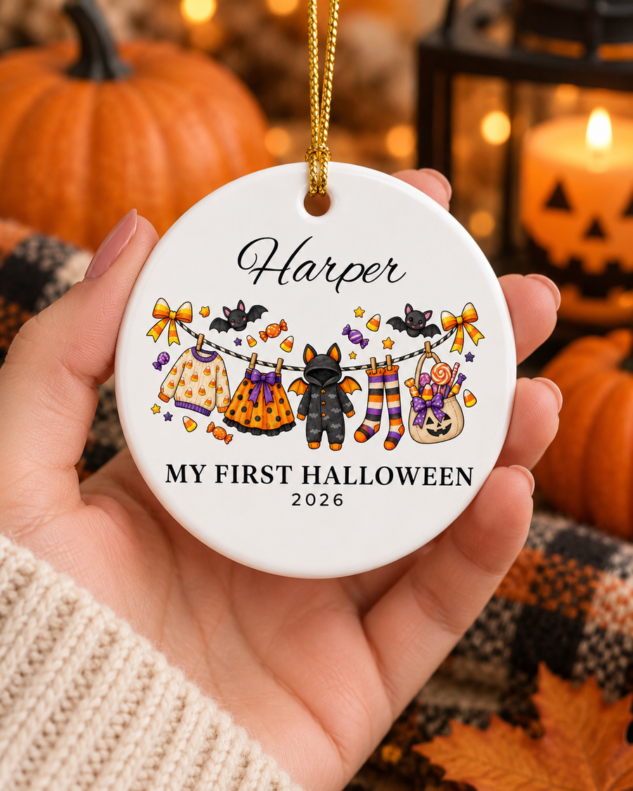 My First Halloween 2026 Baby Clothes Line Ceramic Ornament | Personalized Name