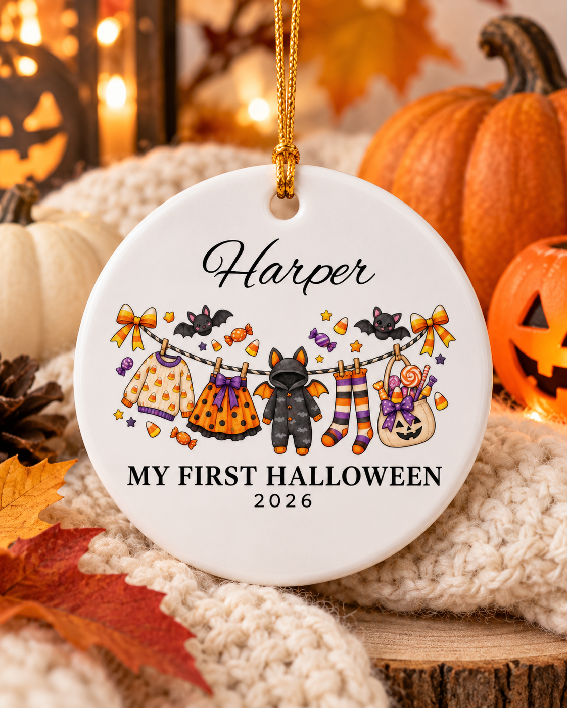 My First Halloween 2026 Baby Clothes Line Ceramic Ornament | Personalized Name