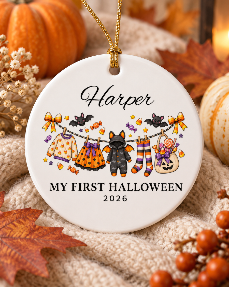 My First Halloween 2026 Baby Clothes Line Ceramic Ornament | Personalized Name