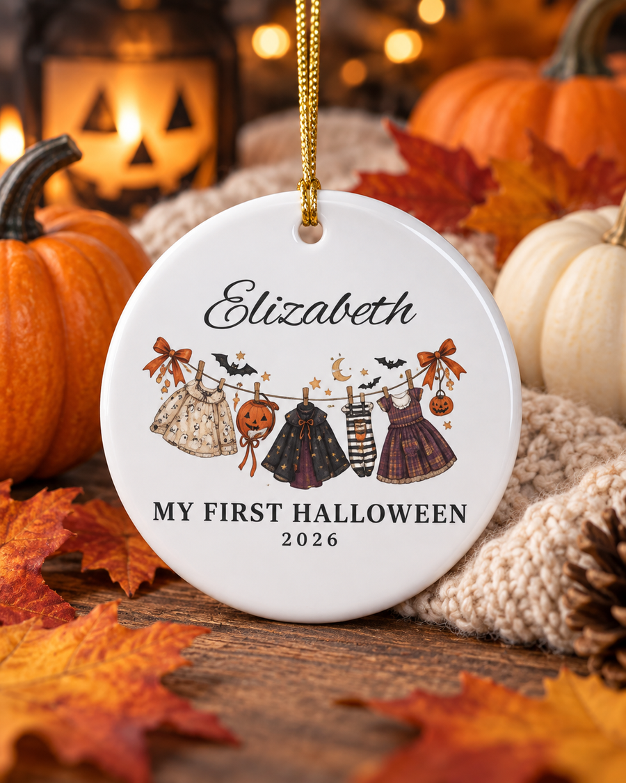 My First Halloween 2026 baby clothes line Ornament | Ceramic Name Personalized
