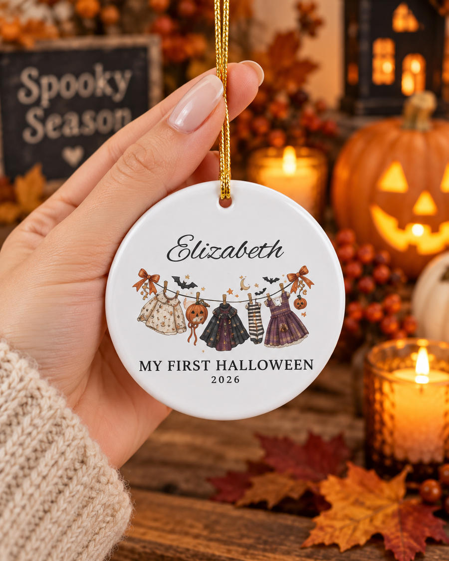 My First Halloween 2026 baby clothes line Ornament | Ceramic Name Personalized