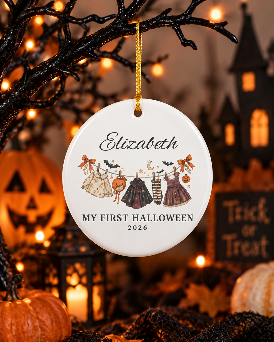 My First Halloween 2026 baby clothes line Ornament | Ceramic Name Personalized