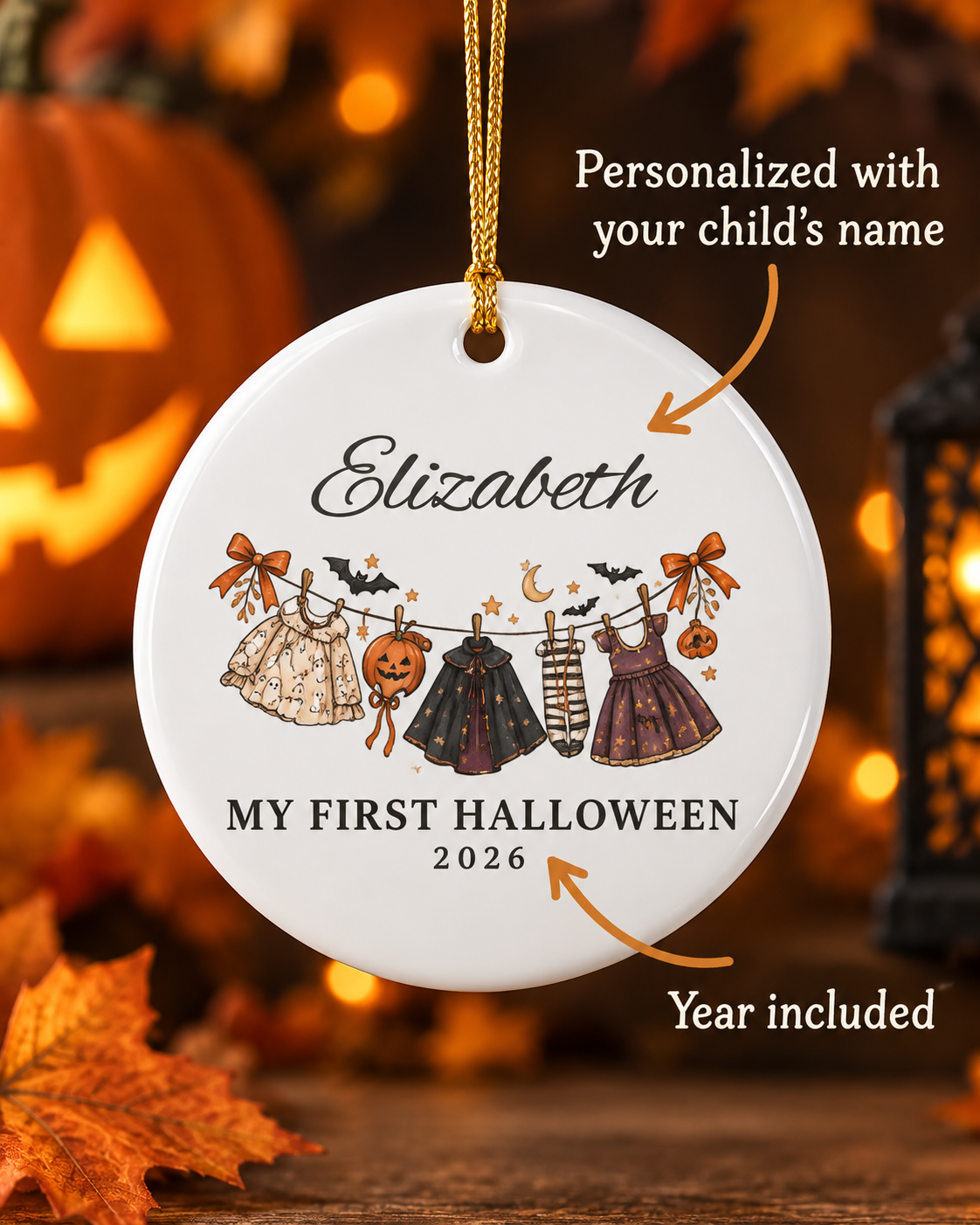 My First Halloween 2026 baby clothes line Ornament | Ceramic Name Personalized
