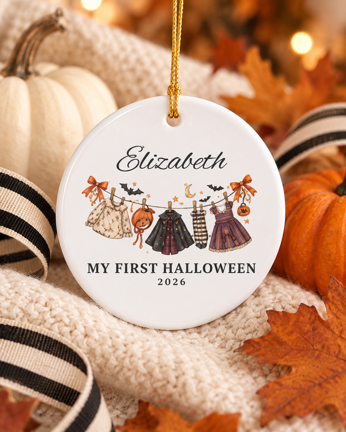 My First Halloween 2026 baby clothes line Ornament | Ceramic Name Personalized