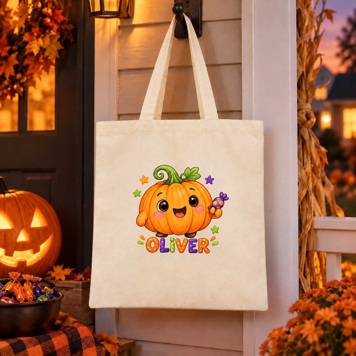 Personalized Smiling Pumpkin Halloween Treat Bag