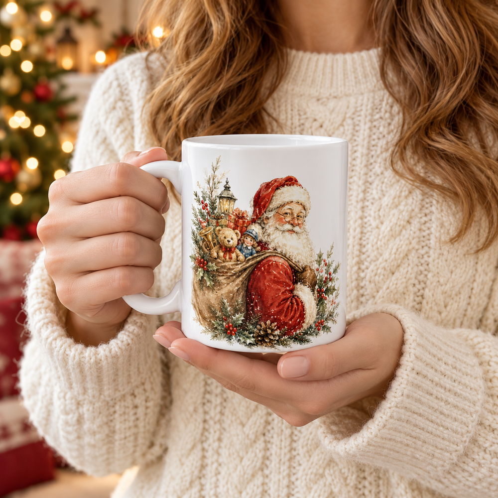Vintage-Inspired Watercolor Santa Mug