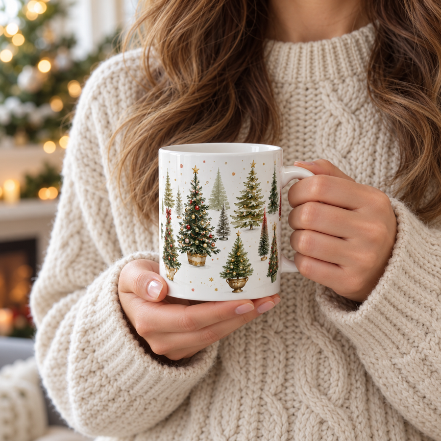 Watercolor Christmas Tree Mug, 11oz White Ceramic