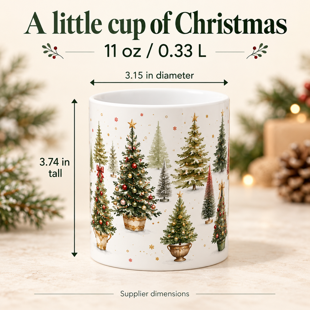 Watercolor Christmas Tree Mug, 11oz White Ceramic