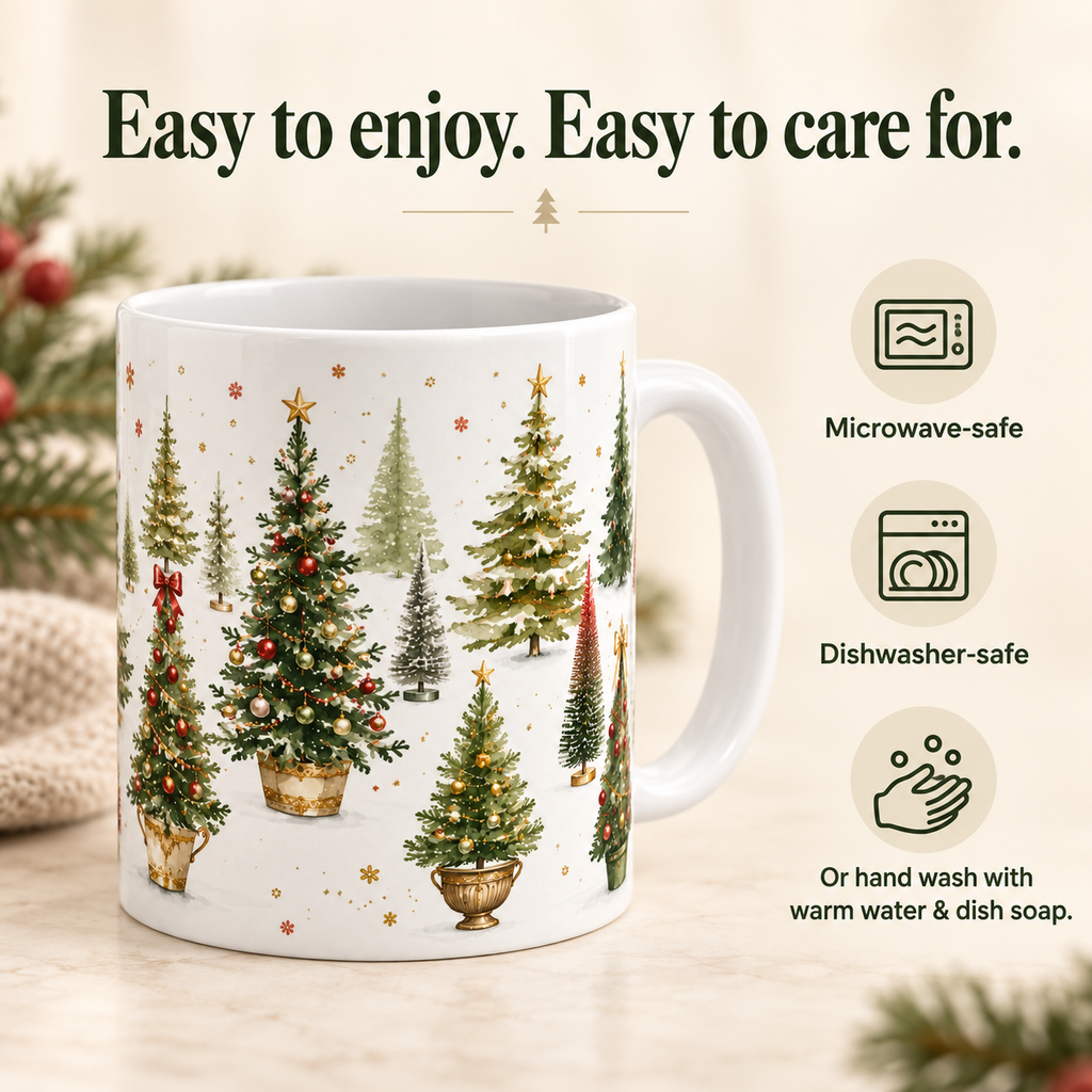 Watercolor Christmas Tree Mug, 11oz White Ceramic