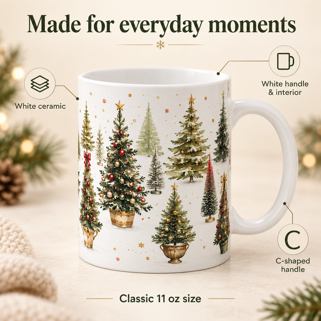 Watercolor Christmas Tree Mug, 11oz White Ceramic