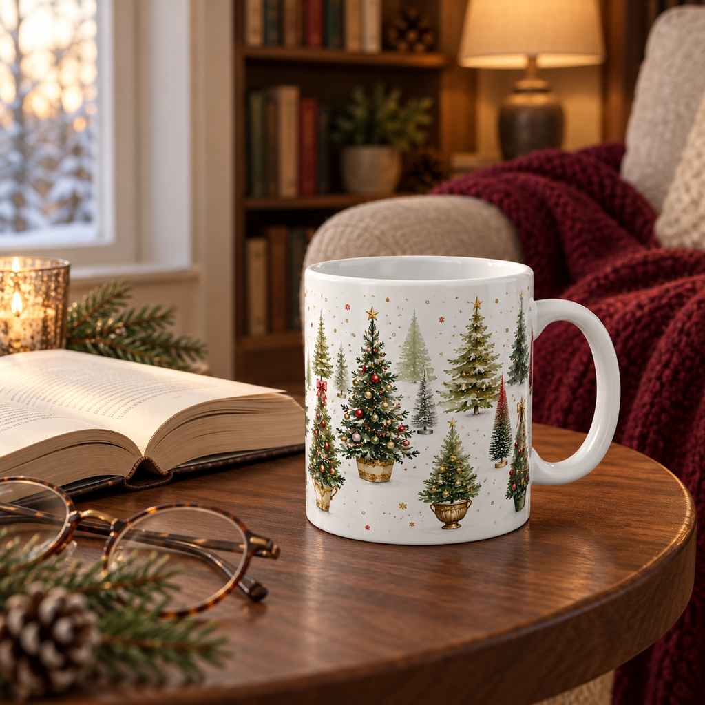 Watercolor Christmas Tree Mug, 11oz White Ceramic