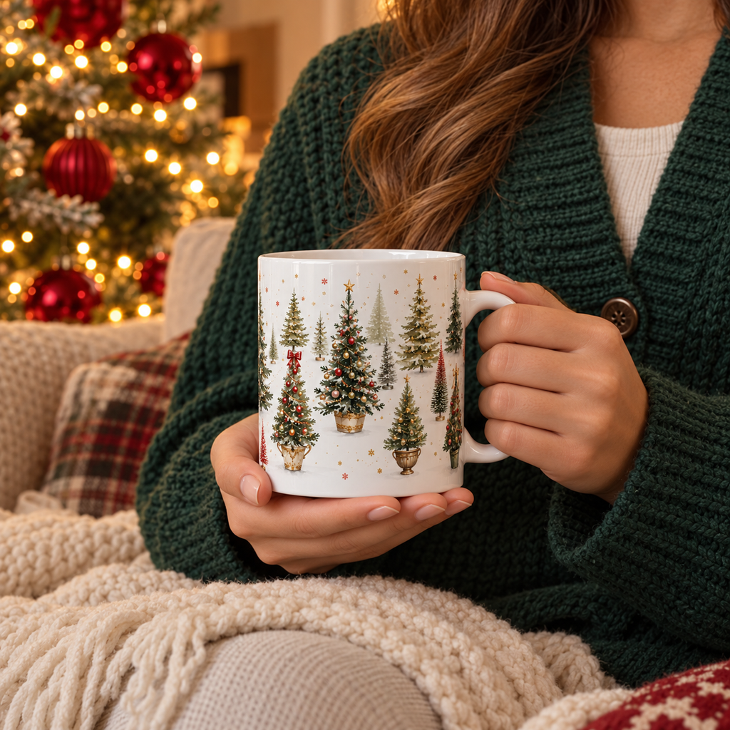 Watercolor Christmas Tree Mug, 11oz White Ceramic