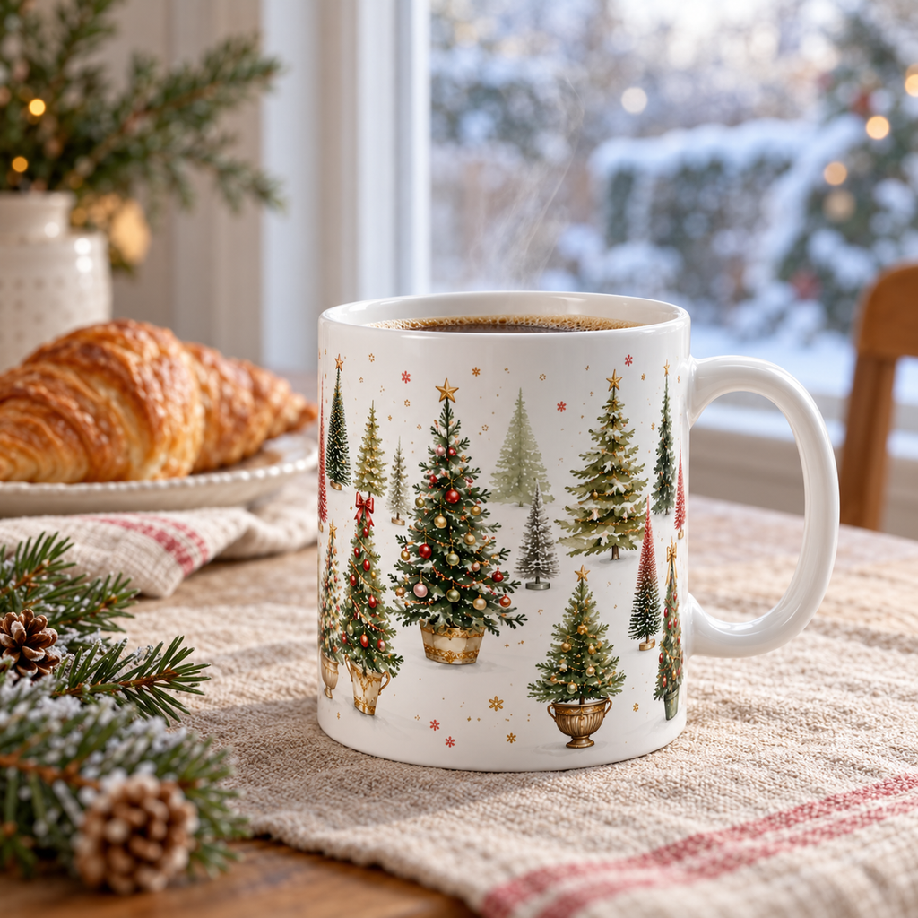 Watercolor Christmas Tree Mug, 11oz White Ceramic
