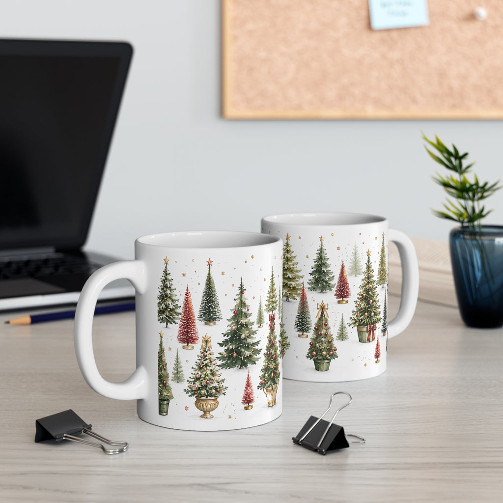 Watercolor Christmas Tree Mug, 11oz White Ceramic