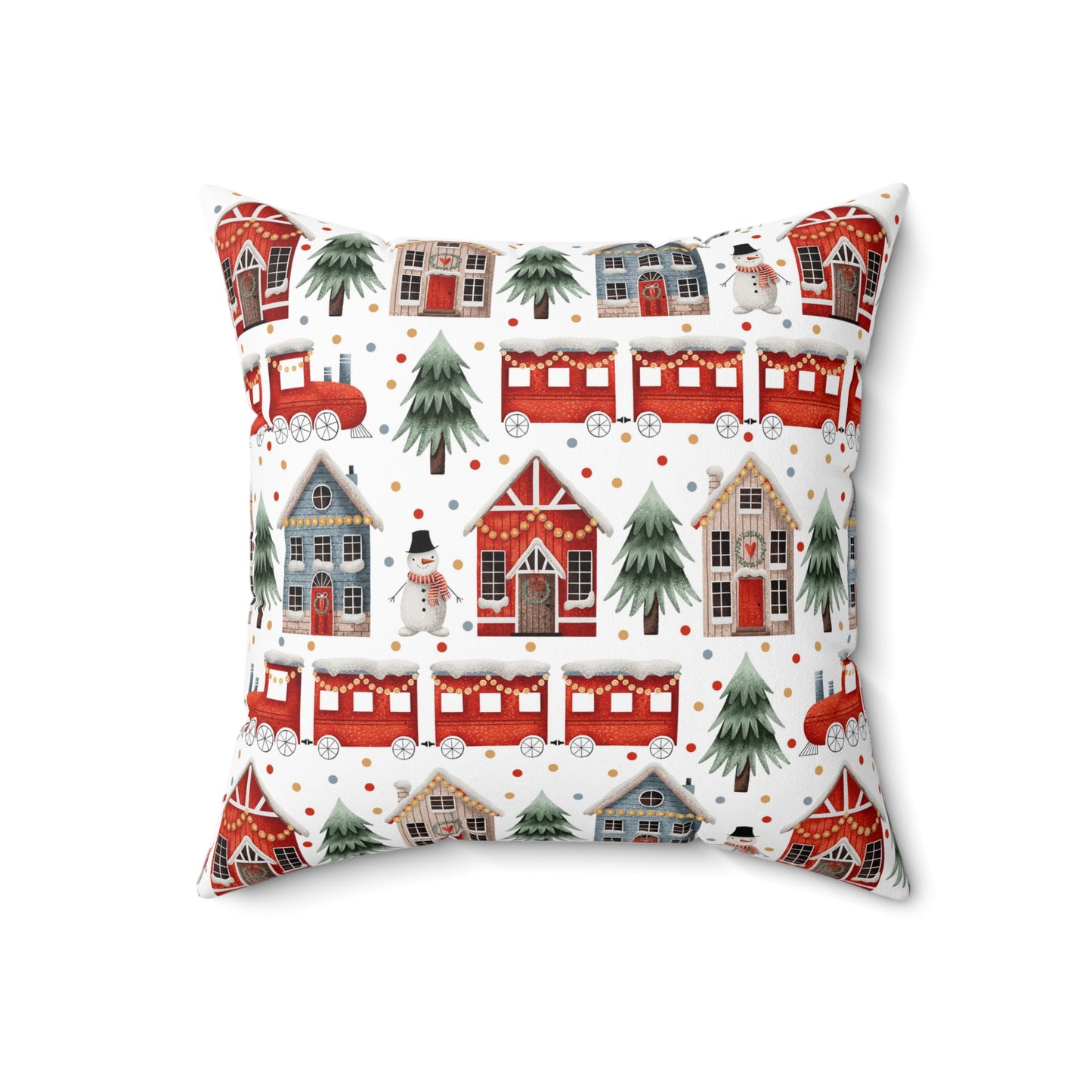 Christmas Trains and Houses Spun Polyester Square Pillow