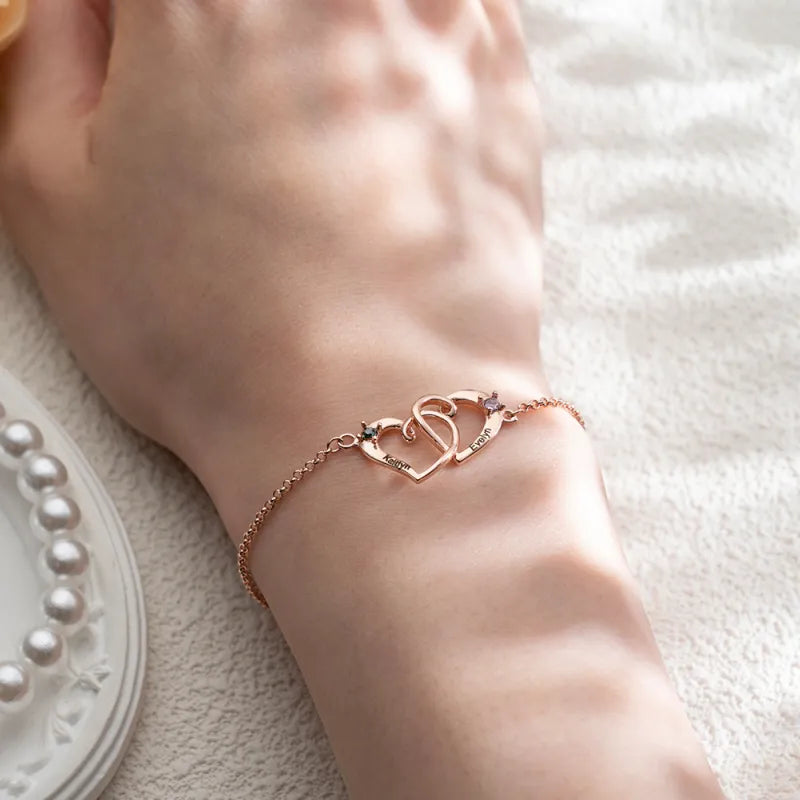 Personalized Double Heart Name Bracelet - Birthstone Engraved Gift
