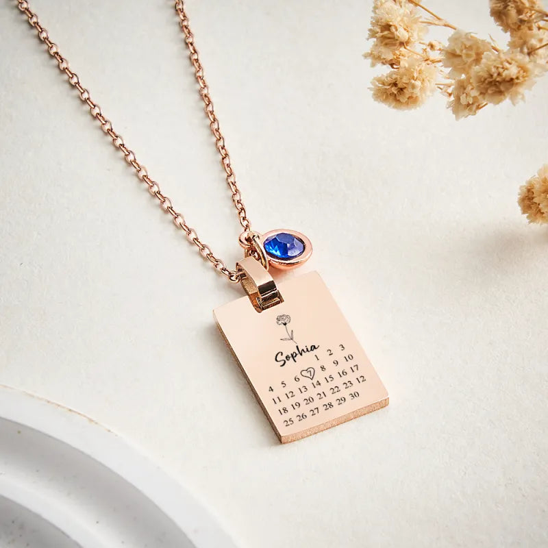 Personalized Calendar Birthstone Necklace - Custom Date Anniversary Gift