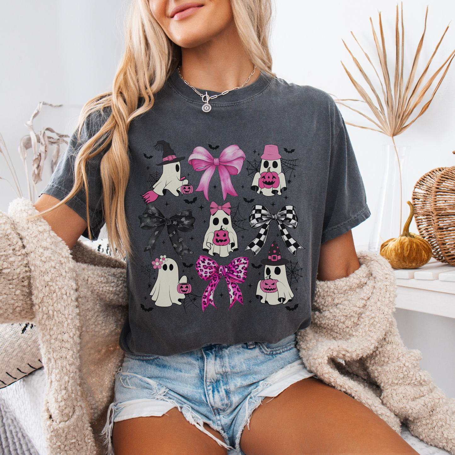 Halloween Ghost Pink Coquette Bows T-shirt